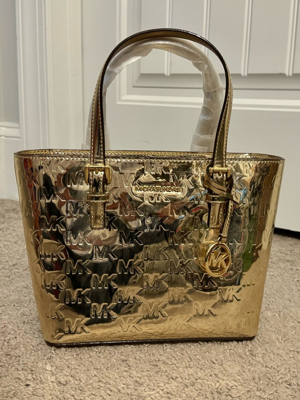 Pretty Michael Kors gold metallic zip close convertable logo tote purse bag new